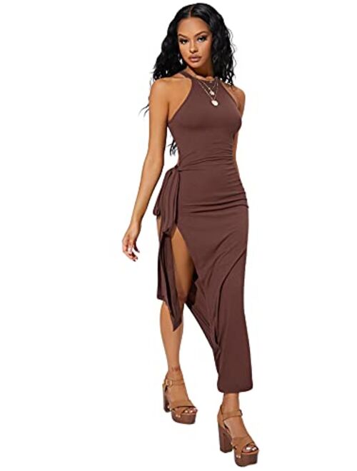 SheIn Women's Sexy Sleeveless Halter Neck Side Slit Tie Knot Bodycon Long Dresses