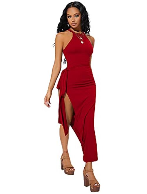 SheIn Women's Sexy Sleeveless Halter Neck Side Slit Tie Knot Bodycon Long Dresses