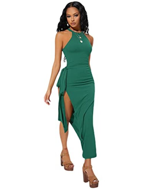 SheIn Women's Sexy Sleeveless Halter Neck Side Slit Tie Knot Bodycon Long Dresses