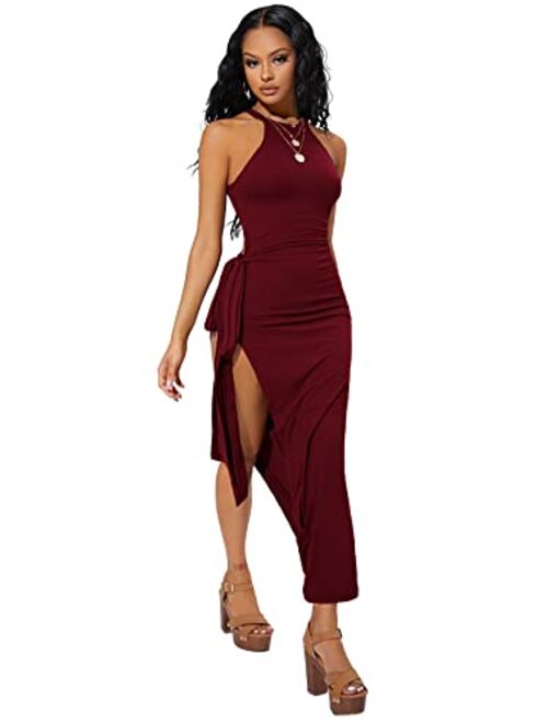 SheIn Women's Sexy Sleeveless Halter Neck Side Slit Tie Knot Bodycon Long Dresses