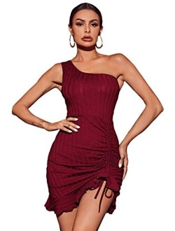 Women's One Shoulder Ruched Mini Bodycon Dress Sleeveless Ruffle Drawstring Short Dresses