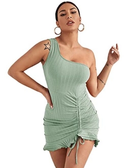 Women's One Shoulder Ruched Mini Bodycon Dress Sleeveless Ruffle Drawstring Short Dresses