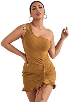 Women's One Shoulder Ruched Mini Bodycon Dress Sleeveless Ruffle Drawstring Short Dresses