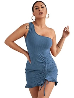 Women's One Shoulder Ruched Mini Bodycon Dress Sleeveless Ruffle Drawstring Short Dresses