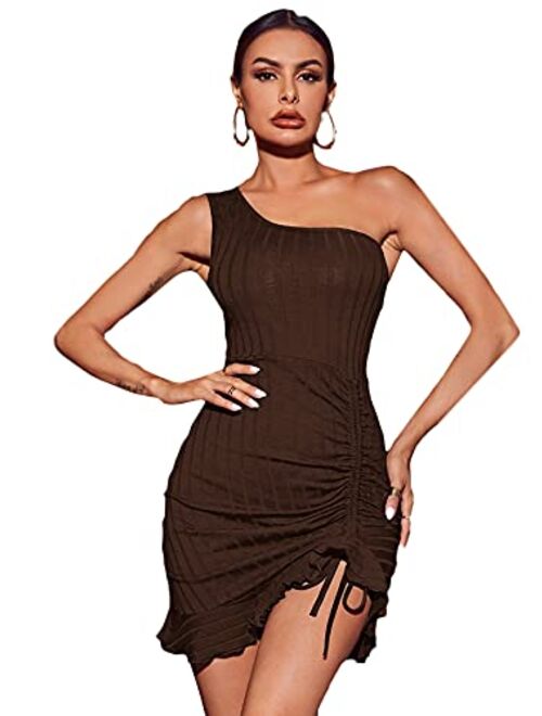 SheIn Women's One Shoulder Ruched Mini Bodycon Dress Sleeveless Ruffle Drawstring Short Dresses