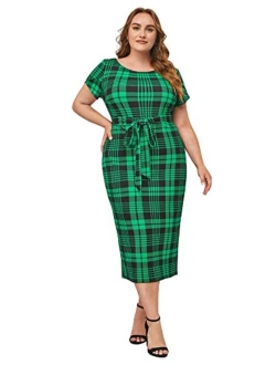 Women's Plus Size Elegant Short Cap Sleeve Self Belted Stretchy Bodycon Pencil Dress