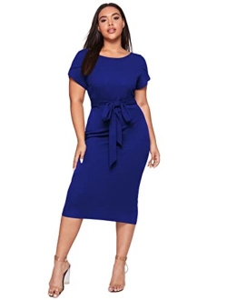 Women's Plus Size Elegant Short Cap Sleeve Self Belted Stretchy Bodycon Pencil Dress