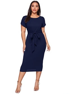 Women's Plus Size Elegant Short Cap Sleeve Self Belted Stretchy Bodycon Pencil Dress