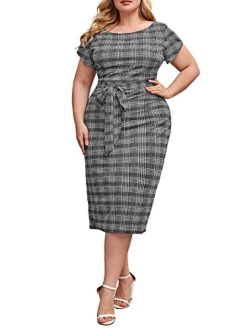 Women's Plus Size Elegant Short Cap Sleeve Self Belted Stretchy Bodycon Pencil Dress