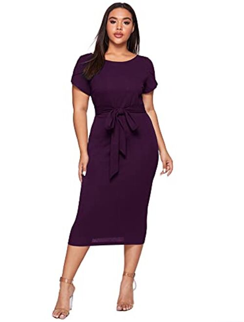 SheIn Women's Plus Size Elegant Short Cap Sleeve Self Belted Stretchy Bodycon Pencil Dress