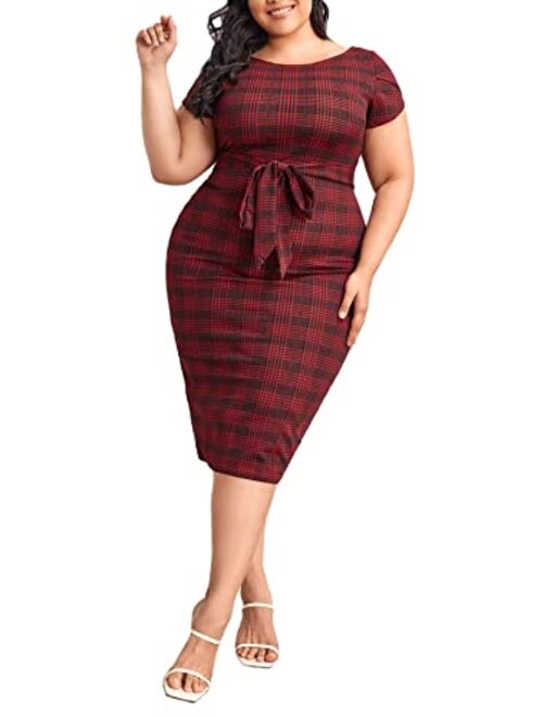 SheIn Women's Plus Size Elegant Short Cap Sleeve Self Belted Stretchy Bodycon Pencil Dress