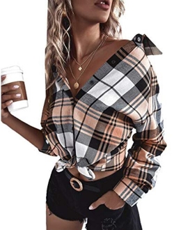 Women's Plaid Long Sleeve Blouse Button Up Lapel Collar Tunic Tops Shirts