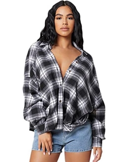 Women's Plaid Long Sleeve Blouse Button Up Lapel Collar Tunic Tops Shirts