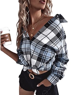 Women's Plaid Long Sleeve Blouse Button Up Lapel Collar Tunic Tops Shirts