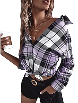 Women's Plaid Long Sleeve Blouse Button Up Lapel Collar Tunic Tops Shirts