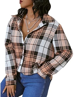 Women's Plaid Long Sleeve Blouse Button Up Lapel Collar Tunic Tops Shirts