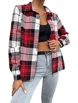 Women's Plaid Long Sleeve Blouse Button Up Lapel Collar Tunic Tops Shirts