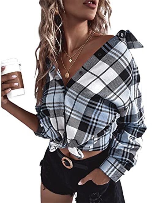 SheIn Women's Plaid Long Sleeve Blouse Button Up Lapel Collar Tunic Tops Shirts