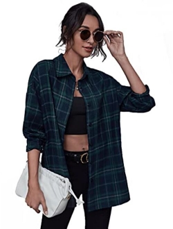 Women's Casual Long Sleeve Button Down Plaid Shirt Blouse Top