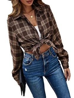 Women's Casual Long Sleeve Button Down Plaid Shirt Blouse Top