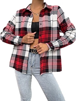 Women's Casual Long Sleeve Button Down Plaid Shirt Blouse Top