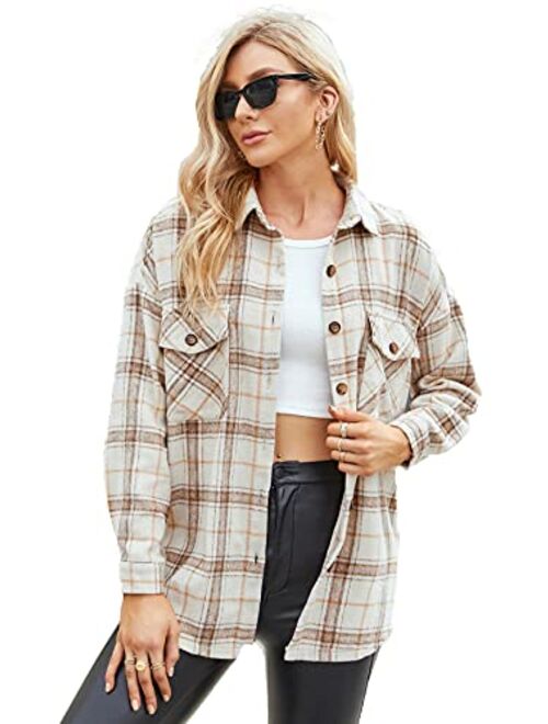 Floerns Women's Casual Long Sleeve Button Down Plaid Shirt Blouse Top