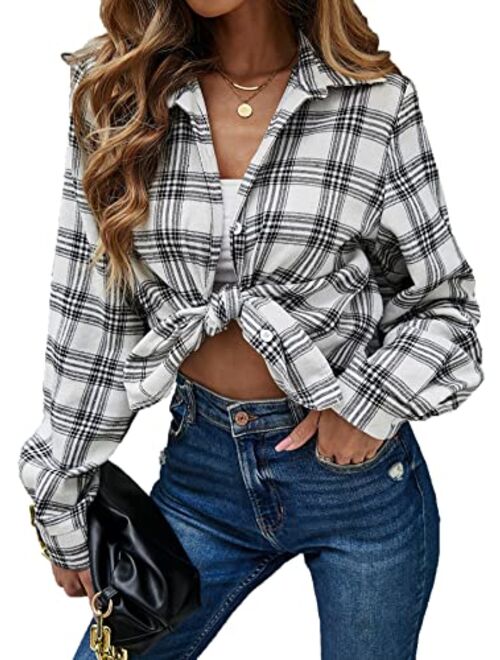 Floerns Women's Casual Long Sleeve Button Down Plaid Shirt Blouse Top