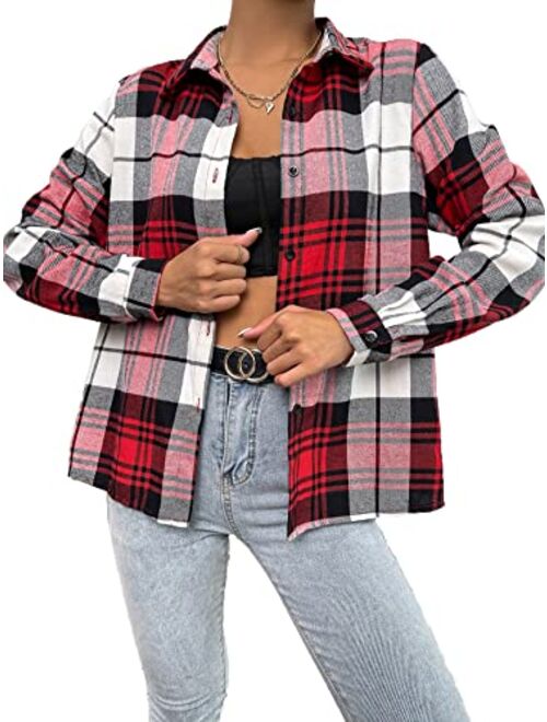 Floerns Women's Casual Long Sleeve Button Down Plaid Shirt Blouse Top