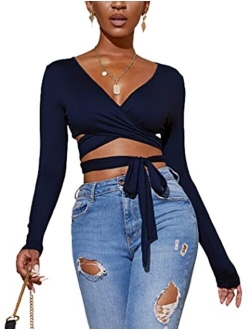 Women's Long Sleeve Deep V Neck Surplice Wrap Knot Crop Tee