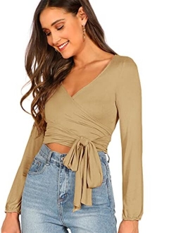 Women's Long Sleeve Deep V Neck Surplice Wrap Knot Crop Tee