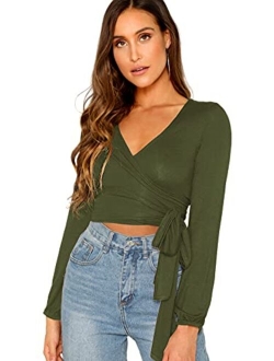 Women's Long Sleeve Deep V Neck Surplice Wrap Knot Crop Tee