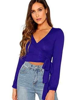 Women's Long Sleeve Deep V Neck Surplice Wrap Knot Crop Tee