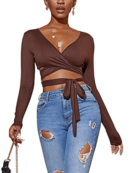 Floerns Women's Long Sleeve Deep V Neck Surplice Wrap Knot Crop Tee