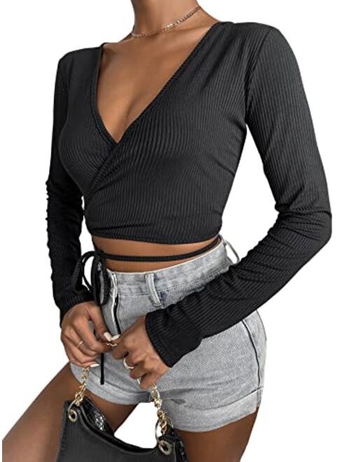 Floerns Women's Long Sleeve Deep V Neck Surplice Wrap Knot Crop Tee