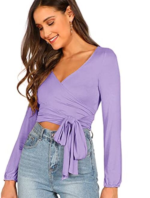 Floerns Women's Long Sleeve Deep V Neck Surplice Wrap Knot Crop Tee