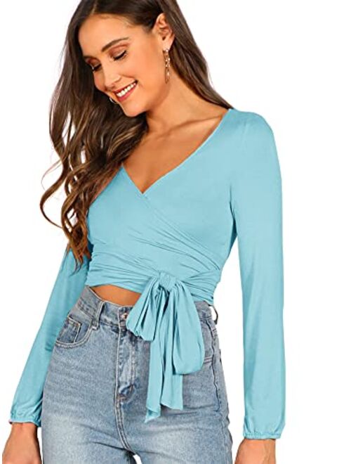 Floerns Women's Long Sleeve Deep V Neck Surplice Wrap Knot Crop Tee