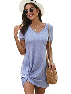 Women's Twist Front Short Sleeve Mini Dress V Neck Cut Out T Shirt Short Dresses