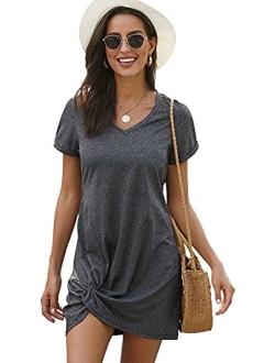 Women's Twist Front Short Sleeve Mini Dress V Neck Cut Out T Shirt Short Dresses