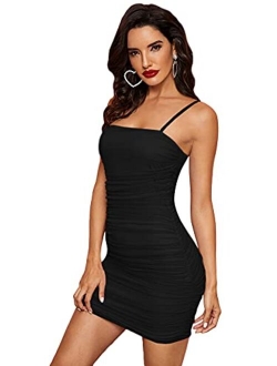 Women's Sexy Sleeveless Spaghetti Strap Ruched Mesh Cami Bodycon Dress