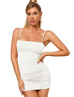 Women's Sexy Sleeveless Spaghetti Strap Ruched Mesh Cami Bodycon Dress