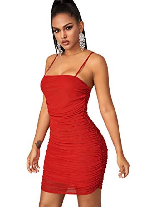 SheIn Women's Sexy Sleeveless Spaghetti Strap Ruched Mesh Cami Bodycon Dress