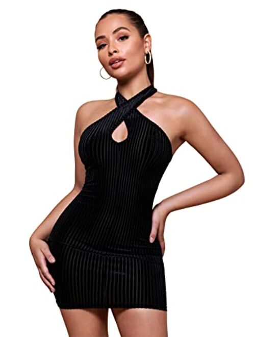 SheIn Women's Criss Cross Ruched Bodycon Mini Dress Cut Out Sleeveless Halter Short Pencil Dresses