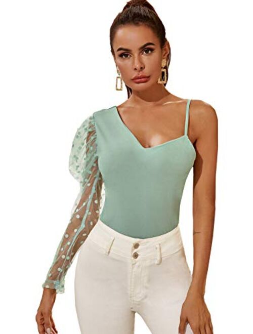 Floerns Women's Elegant One Shoulder Long Puff Sleeve Polka Dots Blouse Top