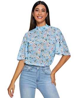 Women's Floral Print High Neck Ruffle Short Sleeve Chiffon Blouse