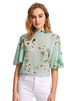 Women's Floral Print High Neck Ruffle Short Sleeve Chiffon Blouse