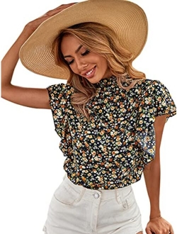 Women's Floral Print High Neck Ruffle Short Sleeve Chiffon Blouse