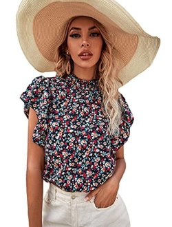 Women's Floral Print High Neck Ruffle Short Sleeve Chiffon Blouse