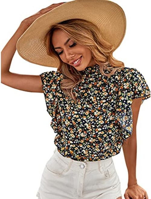 Floerns Women's Floral Print High Neck Ruffle Short Sleeve Chiffon Blouse