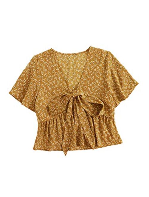 Floerns Women's Short Sleeve Tie Front Summer Cute Babydoll Crop Top Shirt Blouse