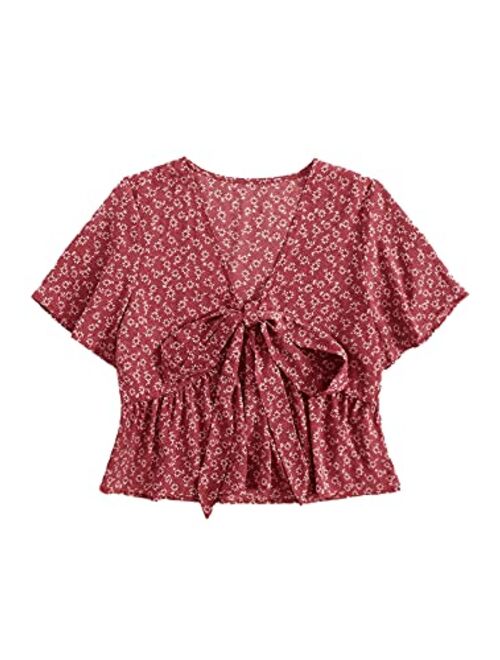 Floerns Women's Short Sleeve Tie Front Summer Cute Babydoll Crop Top Shirt Blouse